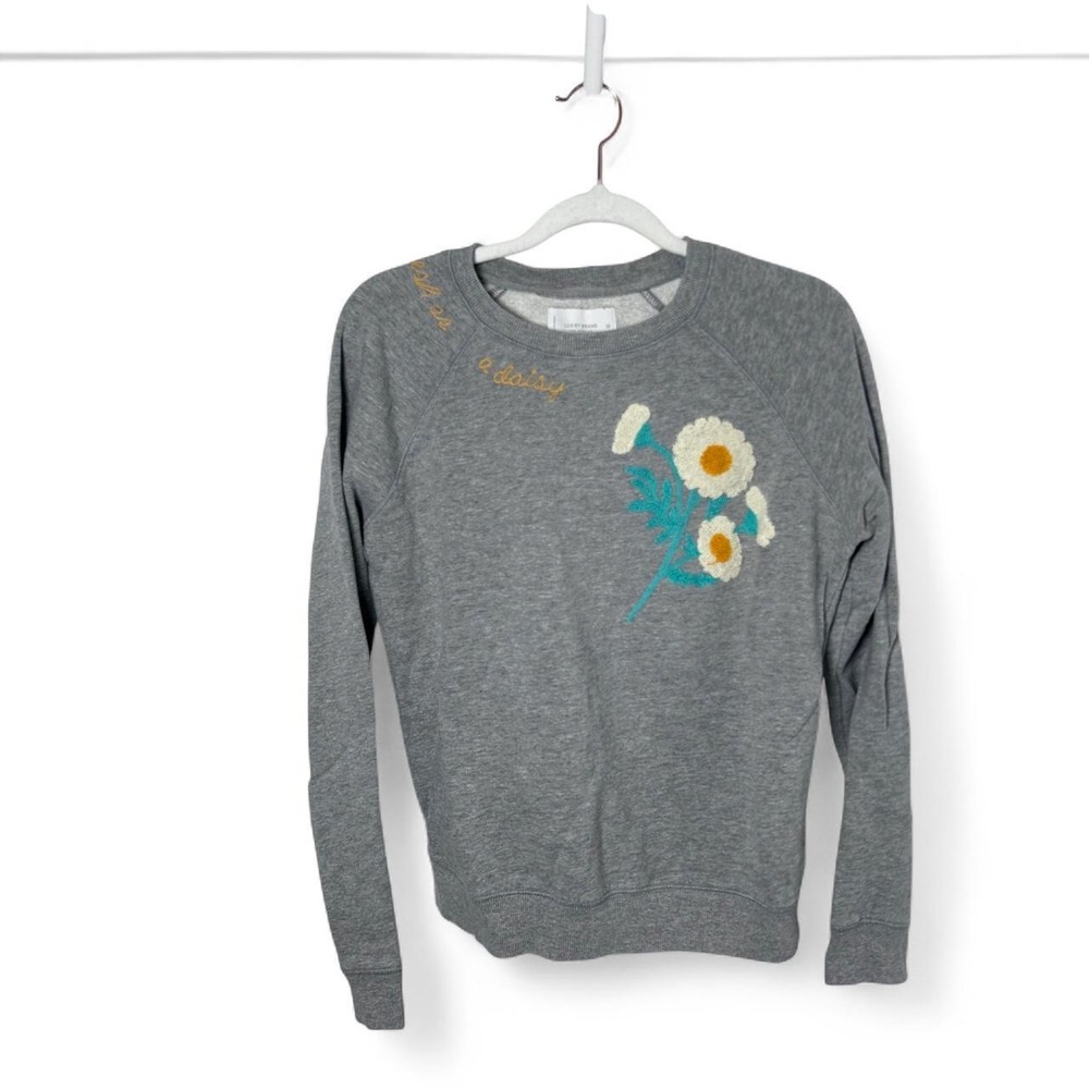 Lucky Brand Gray crewneck sweatshirt with embroidered daisies and blue stems XS